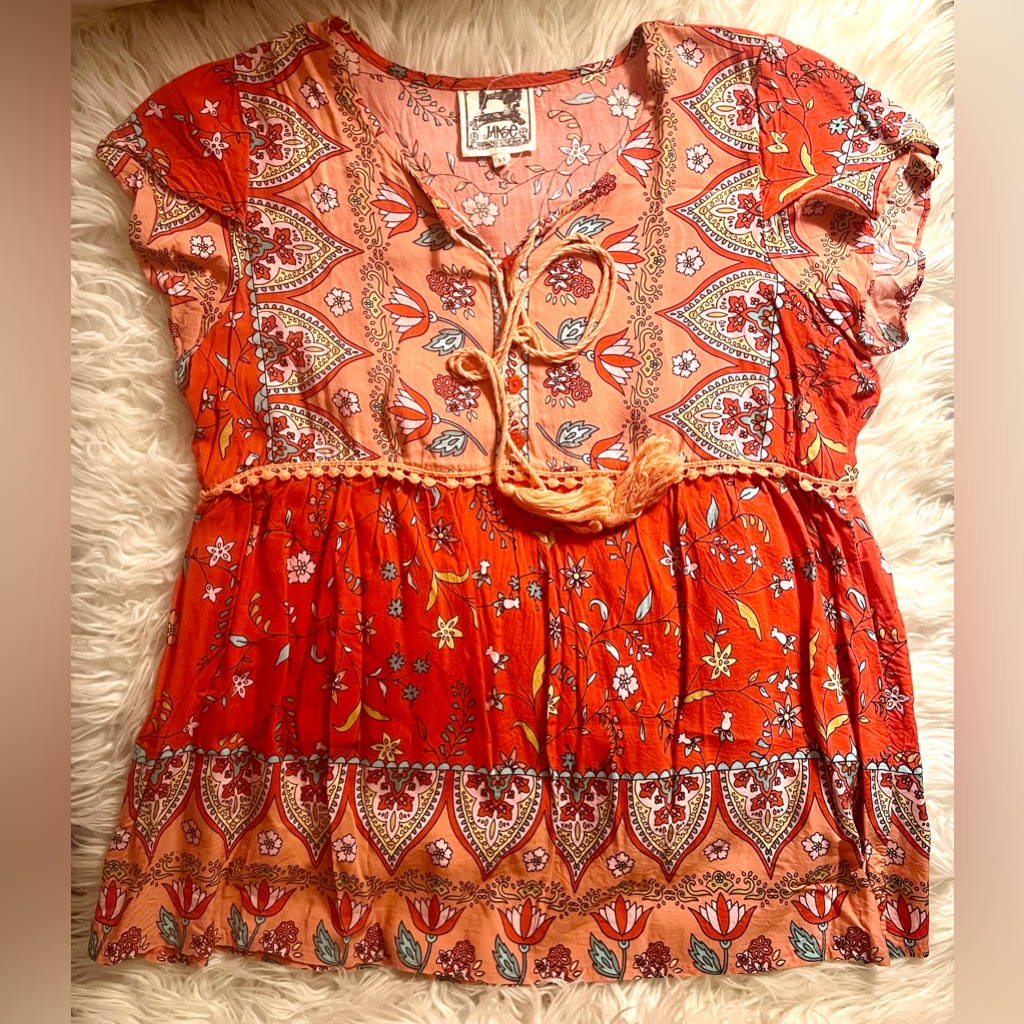 Jaase Coral And Salmon Floral Empire Waist Tunic Top! Sz Xs! So Fresh!